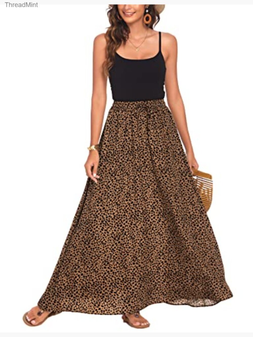Flowy Maxi Skirt Pleated High Waisted Elastic Waist Beach Summer Long Skirt - Picture 3 of 7